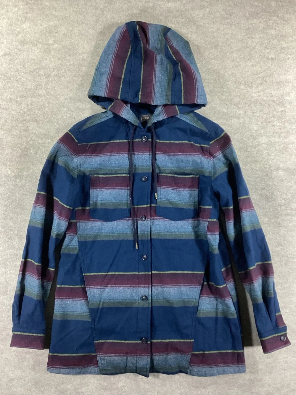 Pendleton Striped Hooded Wool Shirt Jacket in Navy, Burgundy and Slate